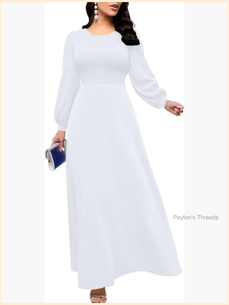 Puff Long Sleeve Round Neck Maxi Dress With Pockets A-Line Soft